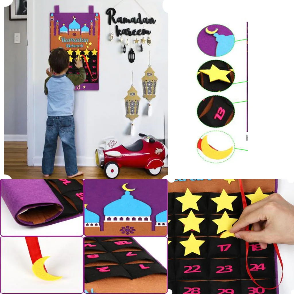 

Felt Ramadan Eid Mubarak Kareem Wall Hanging Numbered Countdown Calendar Planner E65B