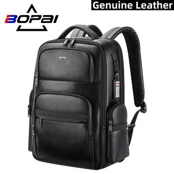 BOPAI-mochila 100% de piel de vaca Natural para hombre, bolso escolar de gran capacidad, a la moda, para ordenador portátil