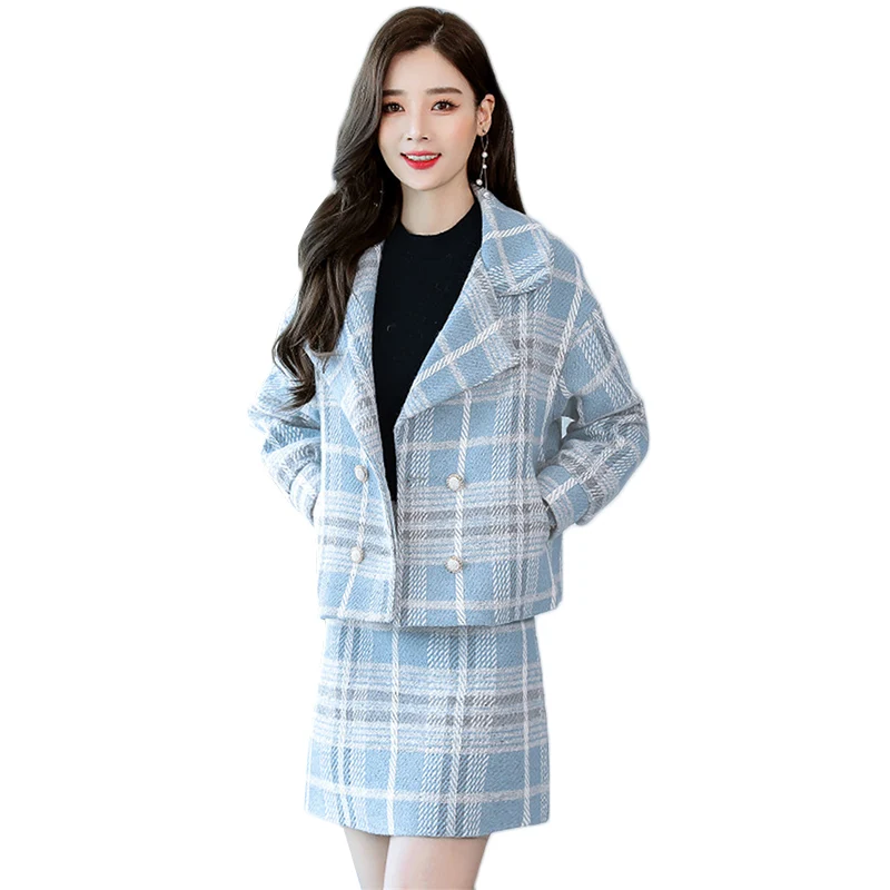 Herfst Winter Vrouwen Pak Nieuwe Mode Plaid Wollen Jas + Rok Twee stuk Elegante Dames Werken Kantoor Pak Roze blauwe Rok Set 216 Herfst Winter Vrouwen Pak Nieuwe Mode Plaid Wollen Jas + Rok Twee stuk Elegante Dames Werken Kantoor Pak Roze blauwe Rok Set 216