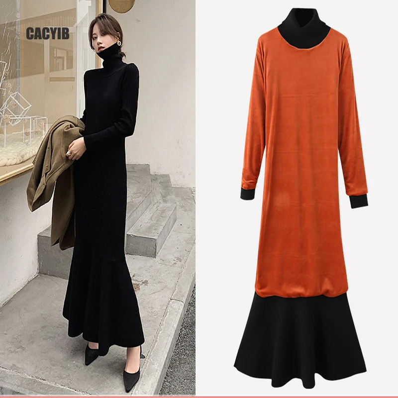 

Formal dress 2020 Autumn/winter new French fishtail knit dress with high neck, slim body and high base dress over the knee