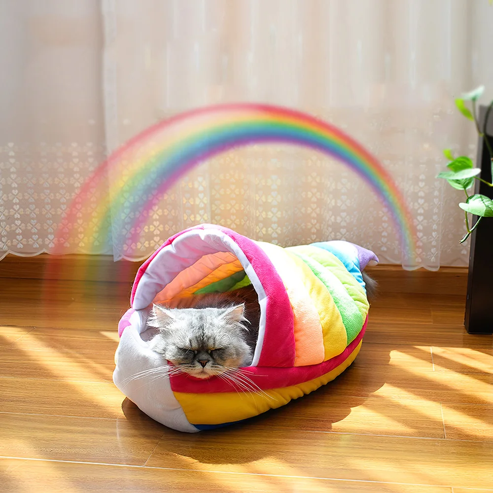 Rainbow Cat Bed Nest Beautiful Rainbow Pet Bed Boat Soft Short Plush Pet House All Seasons Universal Pet Bed for Cats Small Dogs - Цвет: Rainbow