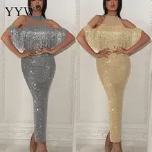 Женское платье с блестками, сексуальное, с открытыми плечами, с лямкой на шее, длинные, вечерние, модное, с кисточками, серебряное, с блестками, для девушек, элегантное, официальное, Vestidos