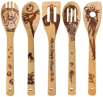 

top selling 5Pcs Wooden Spoons Halloween Gift Idea Utensil Burned Set House Warming Wedding Support Wholesale and Dropshipping