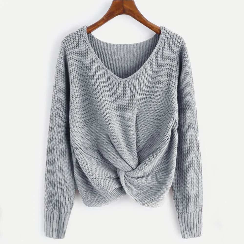 

свитер женский Women Long Sleeve Solid Color V-neck Sexy Cross Knotted Panel Sweater кардиган женский