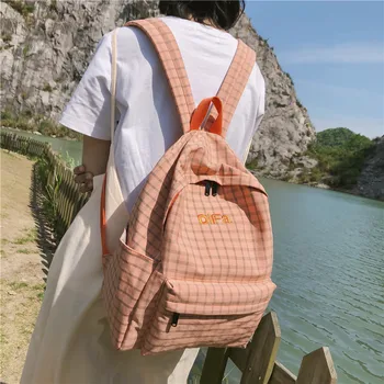 

Fashion Plaid Women Backpack Female Cotton canvas schoolbag for Teenage girls Travel Backpacks Fashion embroidery Mochila