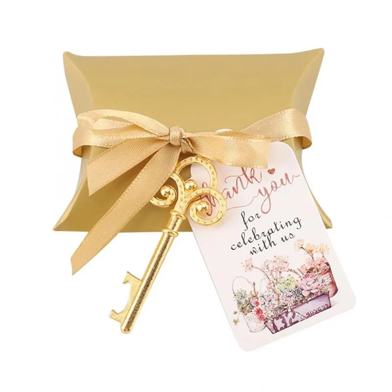 

50pcs/pack Creative Multifunctional Wedding Paper Card Keychain Bottle Opener Gold Sliver Retro Key Shape Beer Bottle Opener