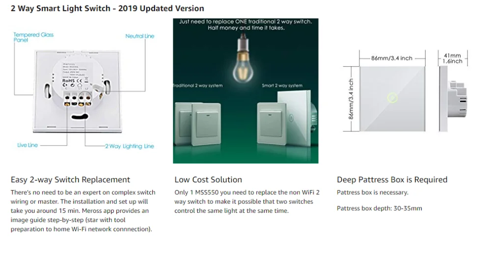 Meross Smart 2 Way светильник переключатель совместим с Alexa и Google Home& SmartThings& алиса яндекс, легкая в стену Установка