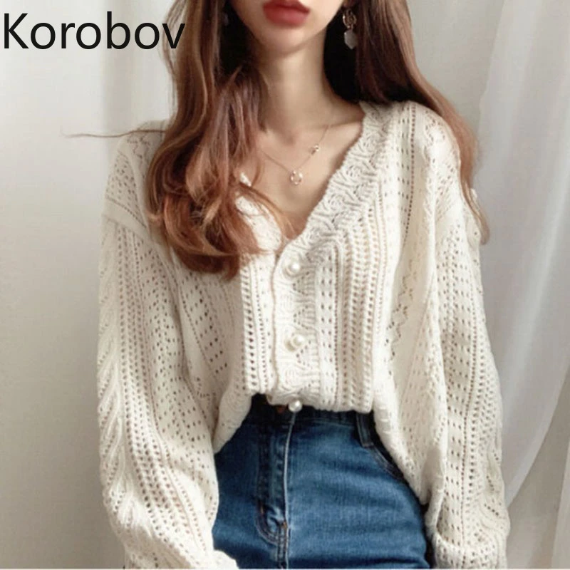 Korobov Korean Elegant Chic Women Cardigans Sweaters Vintage V Neck Puff Long Sleeve Sweater Sweet Japanese Hollow Out Knitwear cardigan