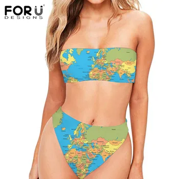 

FORUDESIGNS Bandeau Summer Sexy Women Bikinis Set World Map Swimwear Female Two Pieces Swimsuit Women Bathing Suit Biquini