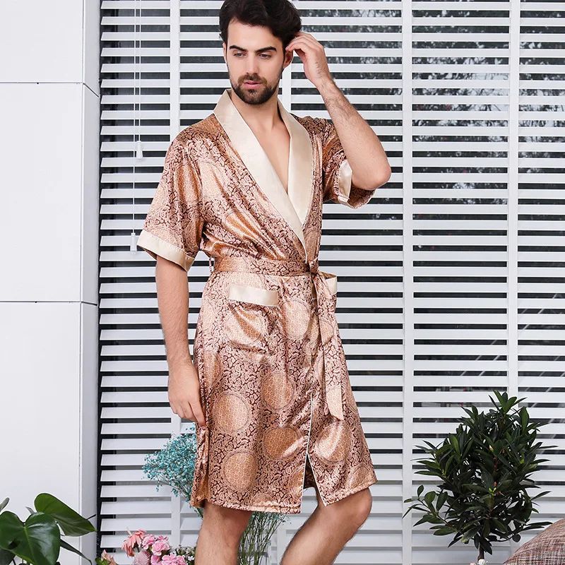 FZSLCYIYI Men Sleepwear Silk Short Sleeve Bathrobe Kimono Homewear Bath Gown Printed Geometric Male Sexy Rayon Robe cotton pajamas for men