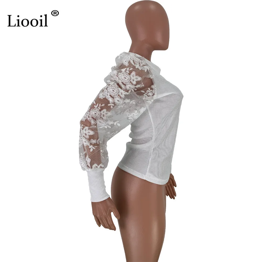 Liooil кружевная трикотажная Сексуальная Блузка облегающий Топ Blusas уличная одежда с пышными рукавами прозрачные черные белые женские топы и блузки