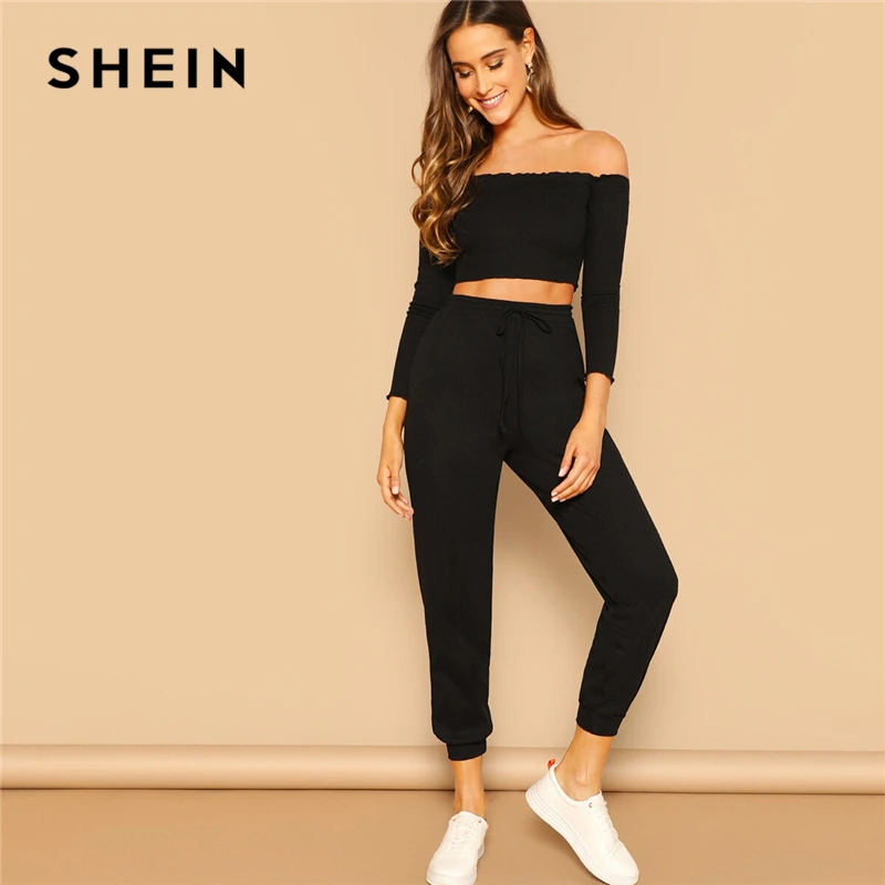 SHEIN Модный Топ С Открытыми Плечами И Спортивные Брюки Женский Спортивный
