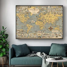 Mapa del mundo azul para decoración del hogar, carteles de arte artesanal de gran construcción, pintura en lienzo, arte de pared para habitación, salón, Bar y cafetería