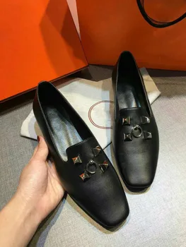 

Loafers Women 2020 Spring and Summer New Leather Square Flat Keel Thin Shoes Riveting Nail Lazy a Pedal Retro Shoes