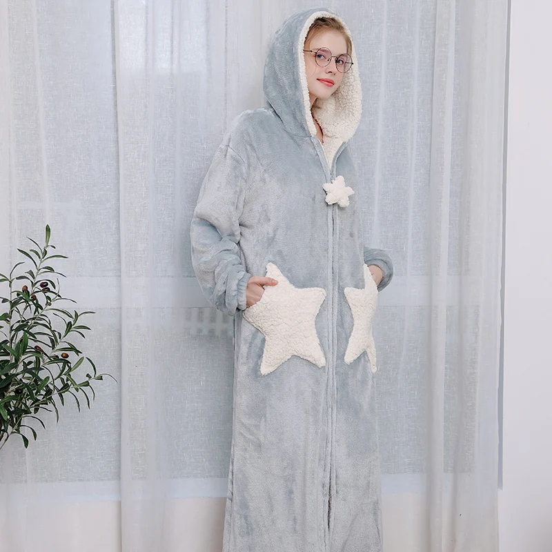 Autumn Winter Robe Plus Long Robe Coral Velvet Couple Nightgown Thickening Five-pointed Star Pocket Hooded Long Home Robe