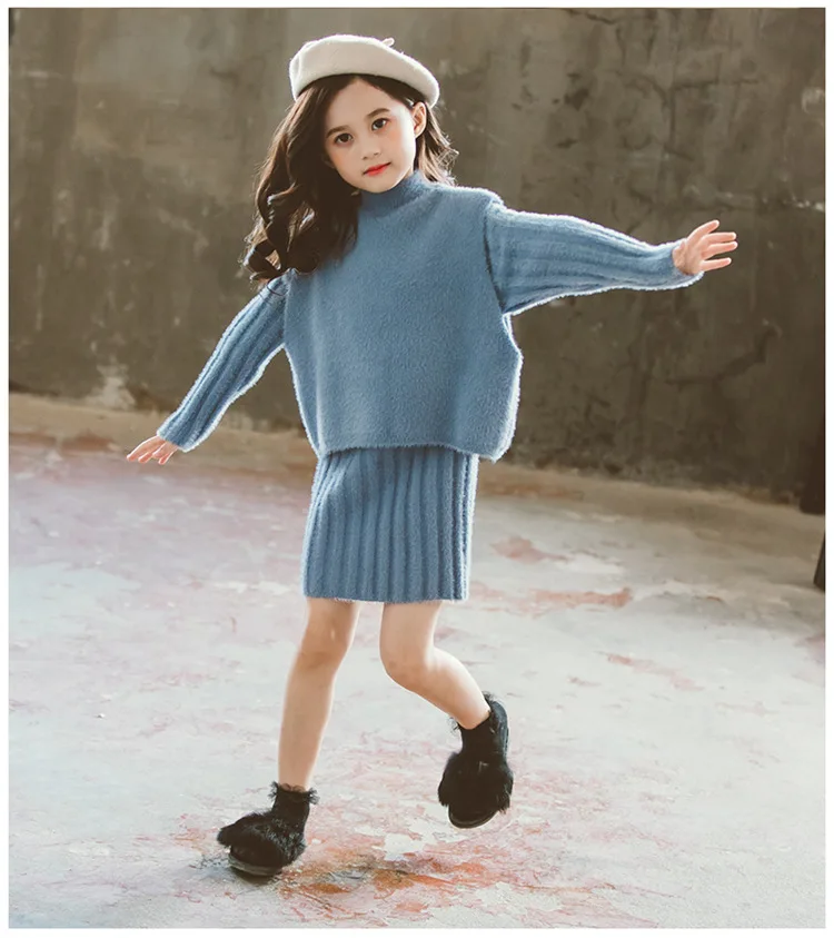 Осенняя Девичья одежда комплект из 2 предметов для принцессы, трикотажная одежда для девочек детская одежда синий жилет+ платье с длинными рукавами
