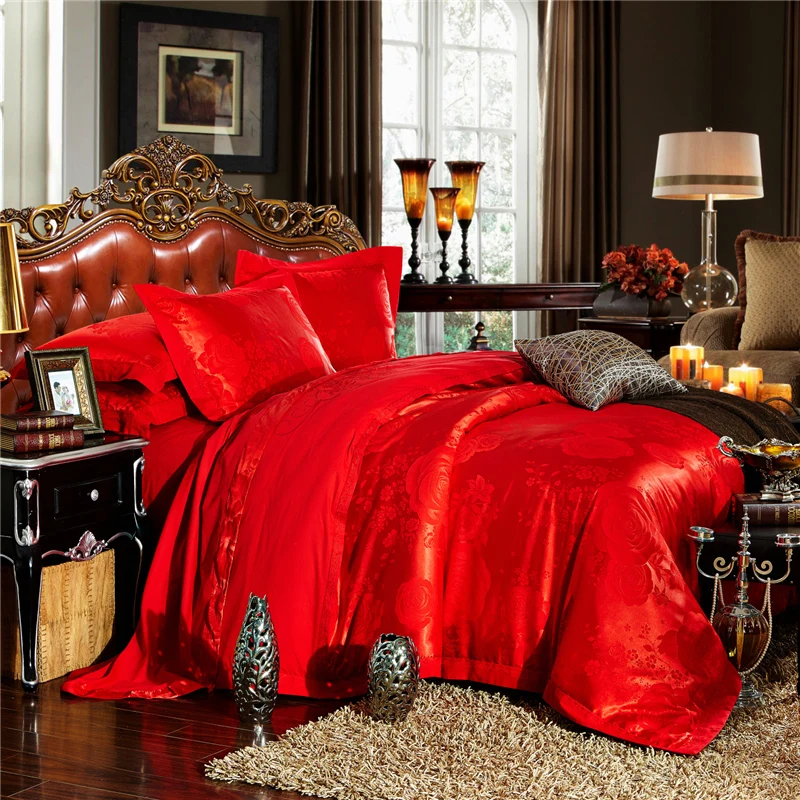 Hot 4/6 Pcs Luxury Golden Gold King Queen size Jacquard Bedding Set Satin Cotton bed Duvet Cover Bed Sheet And Pillowcases