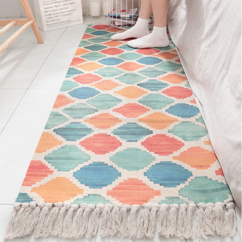 buy Hand woven tasseled cotton floor mattress ins long bedroom non skid bedside carpet mattress