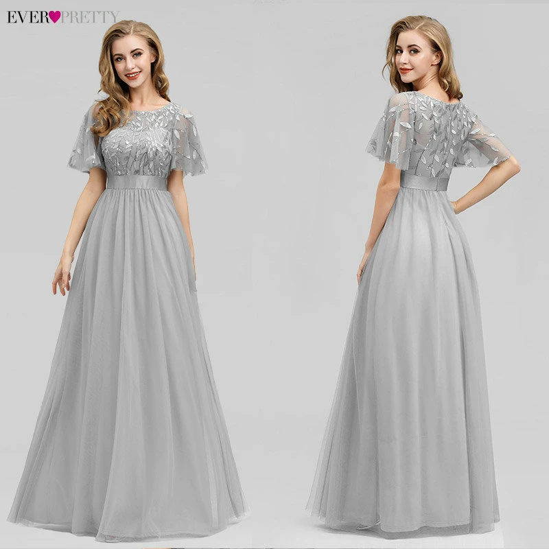 Robe De Soiree блестящие вечерние платья Длинные Ever Pretty EP00904GY A-Line o-образным вырезом с коротким рукавом Вечерние платья женские элегантные платья