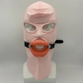 Slave Cosplay Fetish Obedient Open Mouth Gag Oral Sex Toys of Silicone Lips O Ring with Bdsm Bondage Hood Mask Erotic Accessory 3
