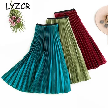 

Women Satin Skirt Pleated Winter A line Women's Pleated Skirt Female Midi High Waist Skirts For Women Falda Plisada Winter Skirt