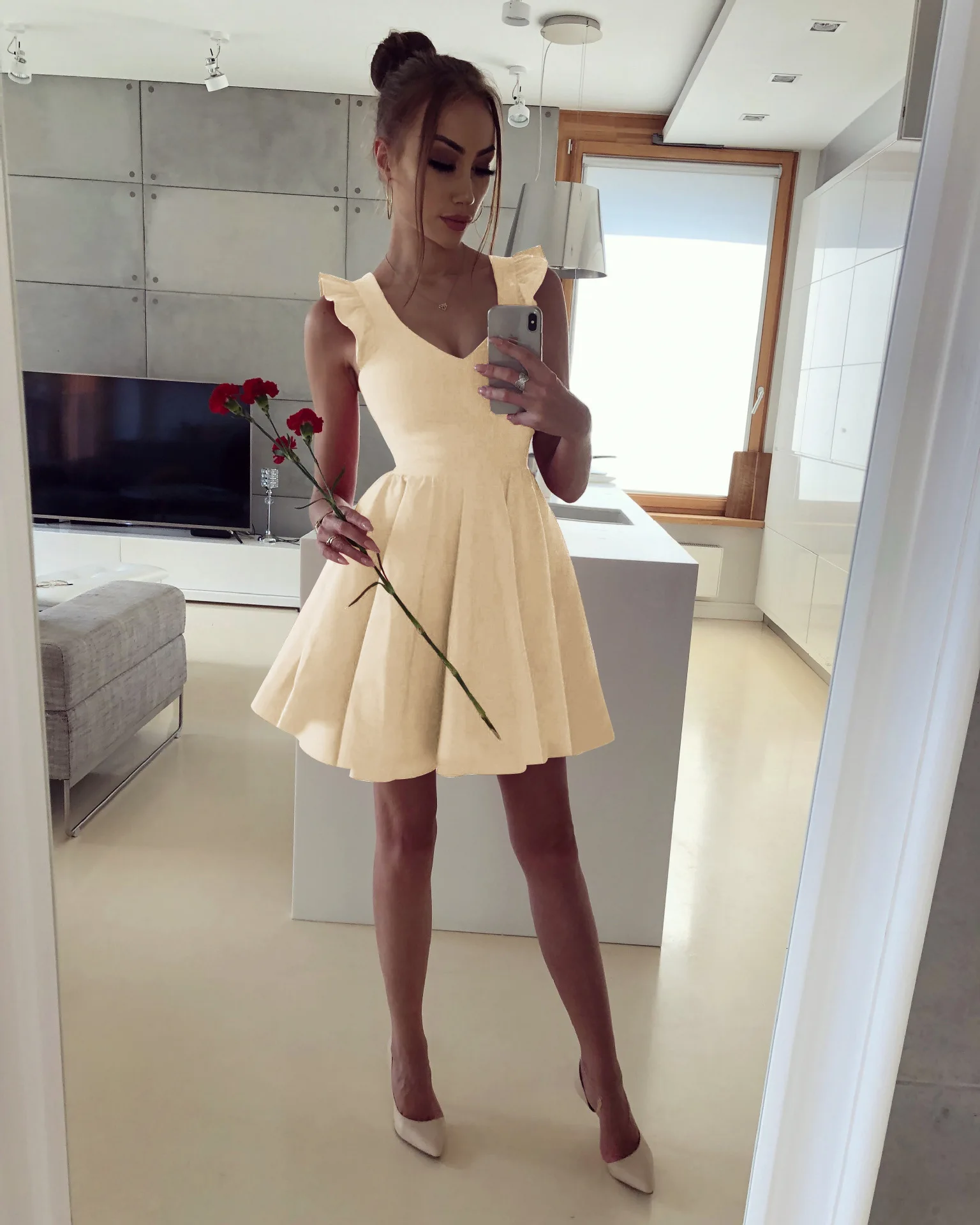 BacklakeGirls A Line Jersey мини сексуальные коктейльные платья с v-образным вырезом без рукавов и с молнией сзади женские Коктейльные Вечерние платья
