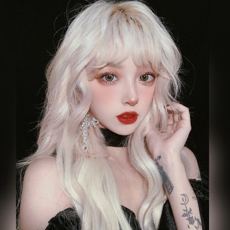 Pale Blonde Lolita Wig Harajuku Fairy Princess Cosplay Bangs Beige Golden Curly Long Synthetic Hair Adult Girls Daily Wear |
