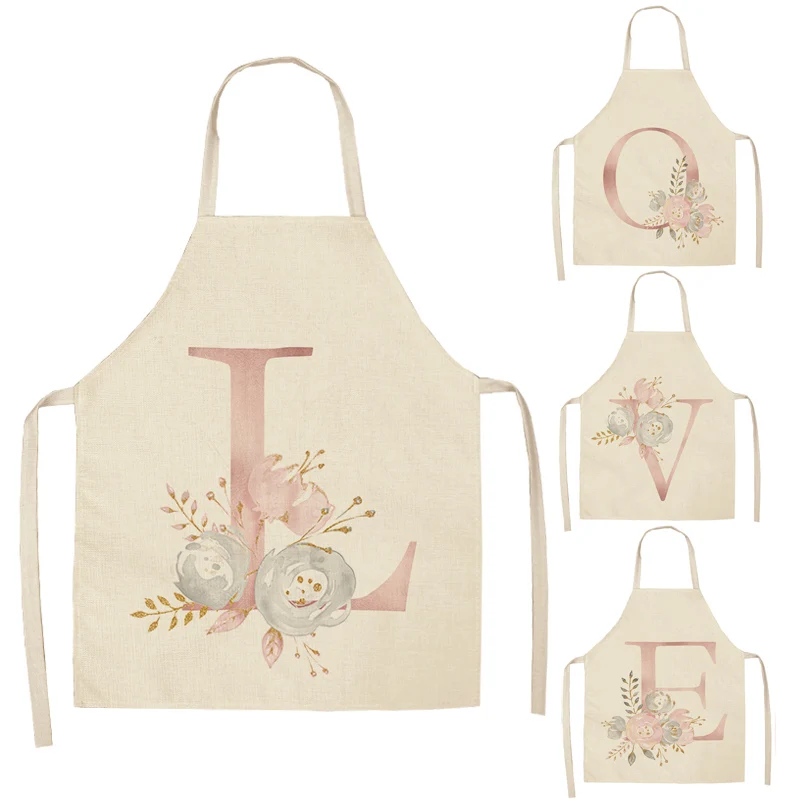 

1 Pcs Pink Letter Flower Cotton Linen Aprons Home Cooking Baking Coffee Shop Cleaning Apron Kitchen Accessories