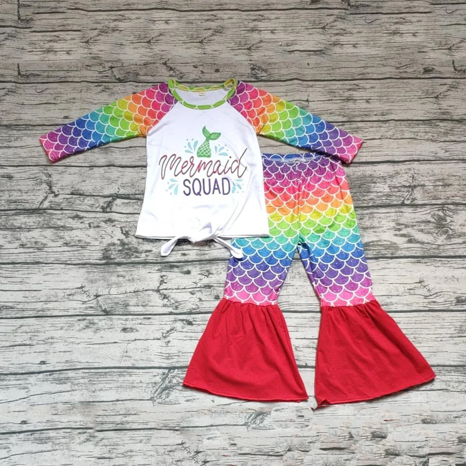 

Fashion new design mermaid print shirt bell botton pants outfits for baby girl