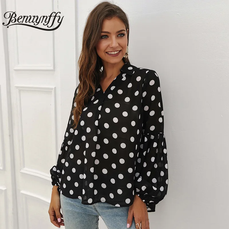 

Benuynffy Elegant V-neck Polka Dot Chiffon Blouse Shirt Women Long Sleeve Casual OL Tops and Blouses Autumn Ladies Black Shirts