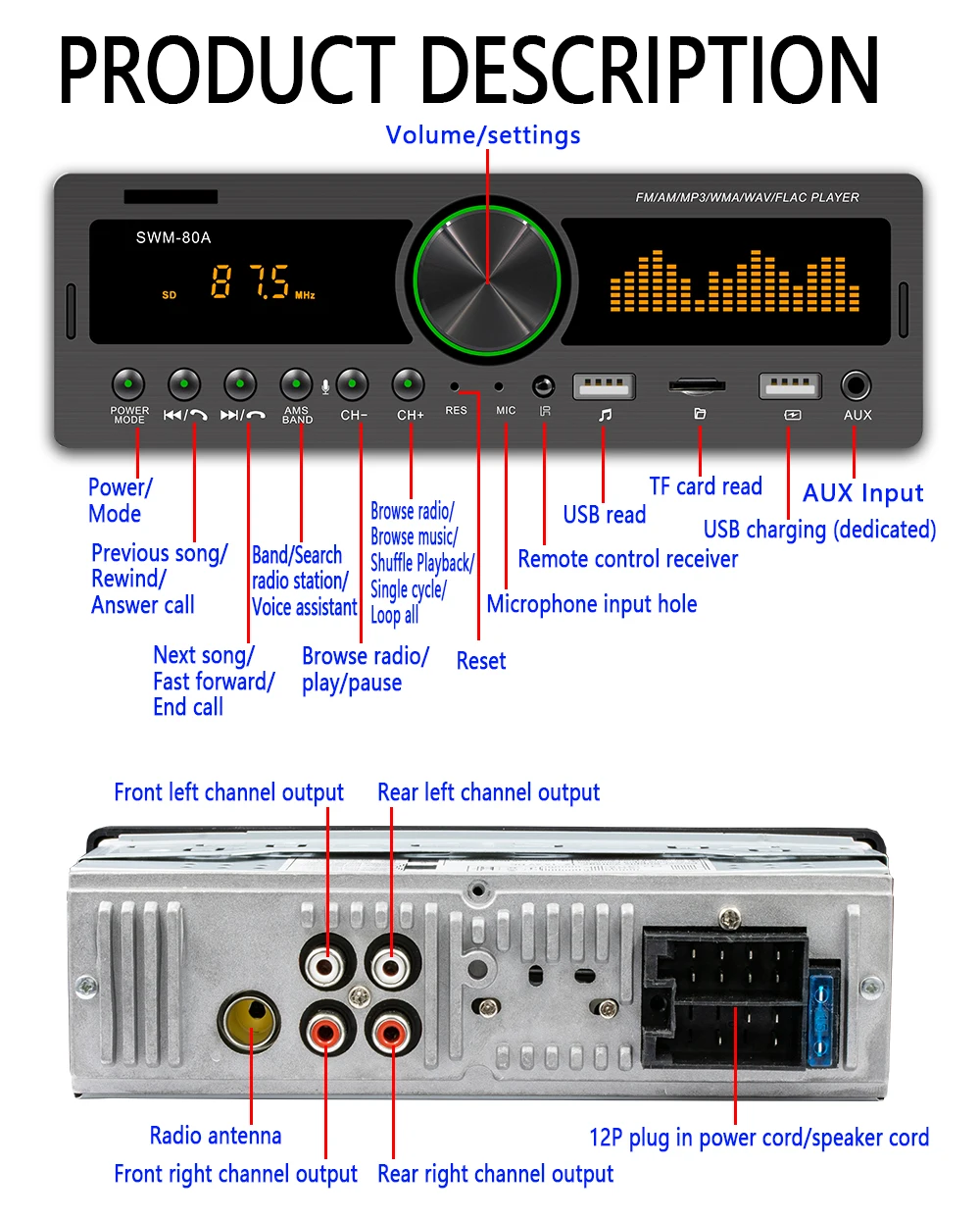 1 DIN Car Stereo MP3 Player FM Radio Bluetooth AUX TF Card U Disk Head Unit In Dash Digital Media Receiver MP3 Player