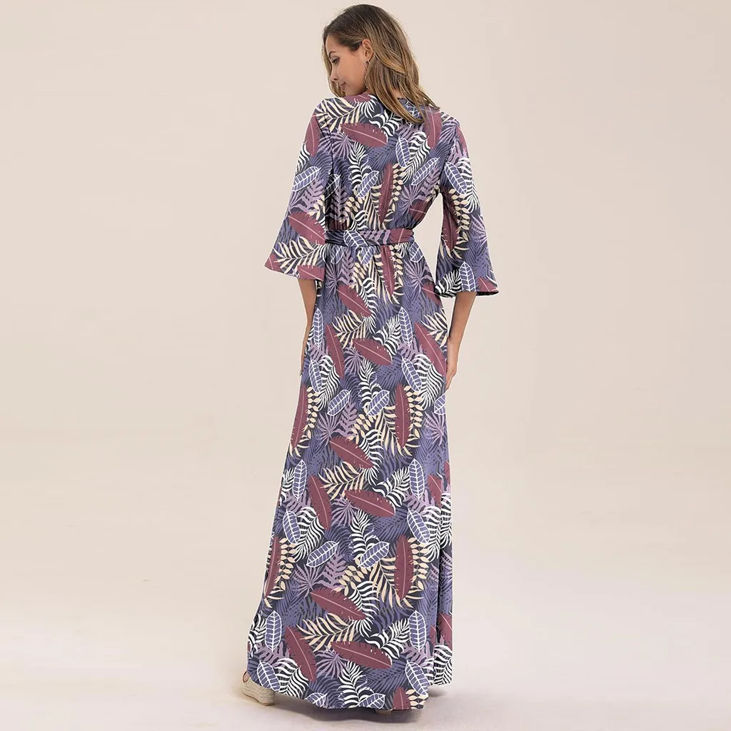 Feitong/женское платье Vestidos, модное, размера плюс, v-образный вырез, рукав три четверти, платье с принтом, Пляжное, длинное, макси платье, женское платье