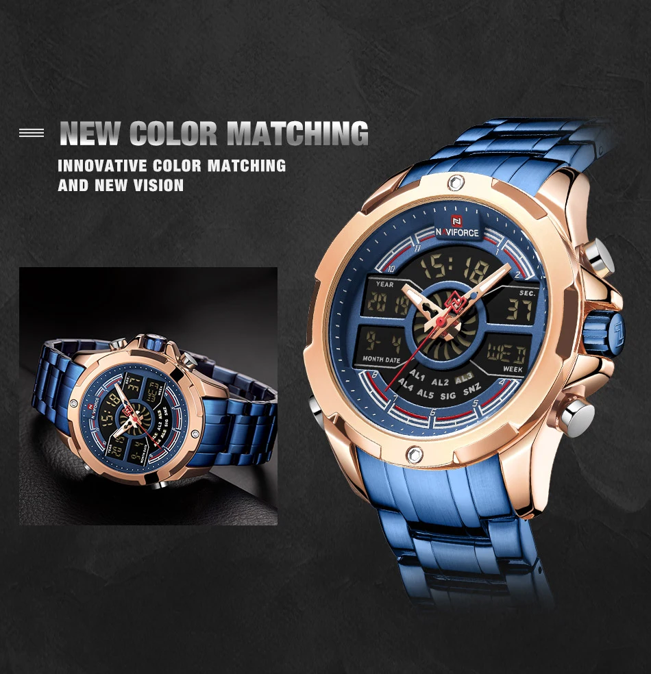 NAVIFORCE Men Sport Stop Watch Luminous Hands and LED display Multiple Time Zone Quartz Watches For Male Clock Chronograph Watch