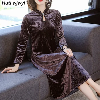 

2019 Female Vintage Gold Velvet Midi Dresses Autumn Winter 3XL Plus Size Long Sleeve Dress Elegant Women Bodycon Party Vestidos