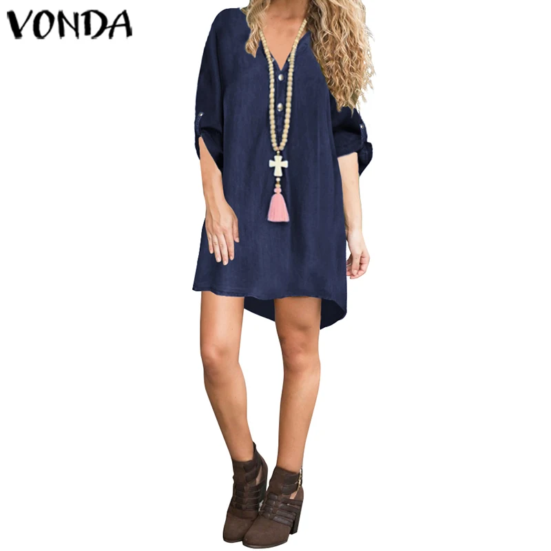 VONDA/летнее платье, сексуальные вечерние платья с рукавом 3/4, мини-платье, женские повседневные свободные пляжные платья, женские сарафаны, большие размеры S-5XL - Цвет: Тёмно-синий