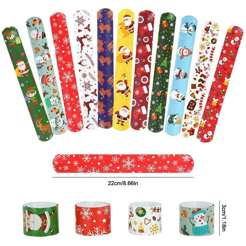 10pcs Christmas Slap Bracelets Santa Claus Snowman Elk Tree Printed Colorful PVC Wristband Child Kids Gifts Xmas Party Supplies
