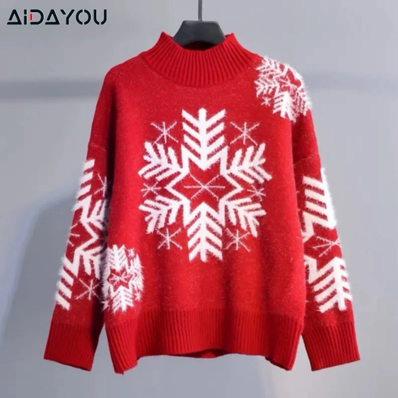 Autumn Winter Xmas Sweaters Christma Snow Pullover Patterned Hippocampus Velvet Half-Turtleneck Thick Warm Jumper ouc057 | Женская
