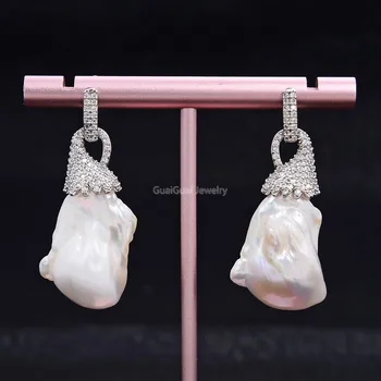 

GuaiGuai Jewelry Natural Freshwater White Keshi Pearl White Gold Plated Cz Pave Earrings