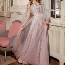 Robe De Soiree, длинное вечернее платье,, круглый вырез, полный рукав, вечернее платье с кружевной аппликацией, платья, vestido de festa Longo