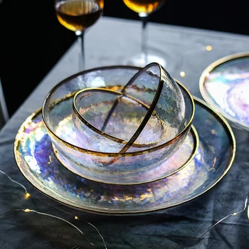

Colorful glass tableware plate Dessert salad bowl Western dish creative dinner tray fruit plate dinnerware sets plate