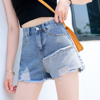 

Women's Blue Shorts Streetwear 2020 Fashion Hole Patchwork Denim Shorts Solid Tassel Jeans Short Casual Plus Size Harajuku P9358