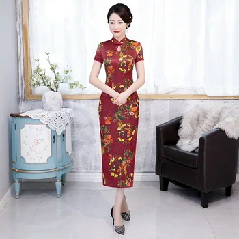 

Silk Chinese Style Qipao 2020 New Lady High Split Print Flower Cheongsam Long Short Sleeve Evening Party Dress Vestidos