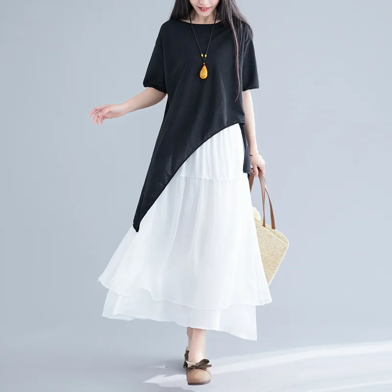 

2019 Summer New Style Solid Color Irregular Hem Tops T-shirt + Joint Skirt Fashion Casual WOMEN'S Suit