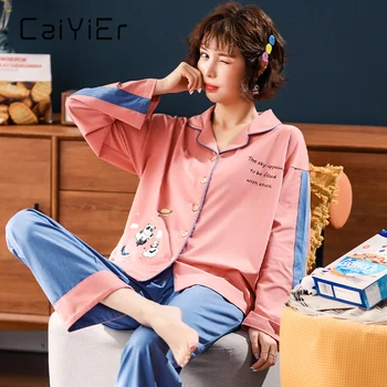 

CAIYIER Autumn Women Pajamas Set Cotton Cute Panda Printing Turn-down Collar Long Sleeve Sleepwear Two-piece Home Clothes Winter