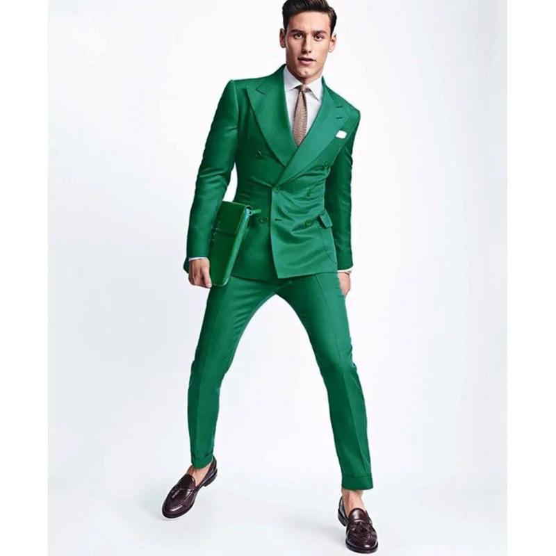Новейший дизайн, зеленый мужской свадебный костюм, приталенный, 2 предмета, двубортный смокинг, на заказ, блейзер для жениха, выпускного, Masculino