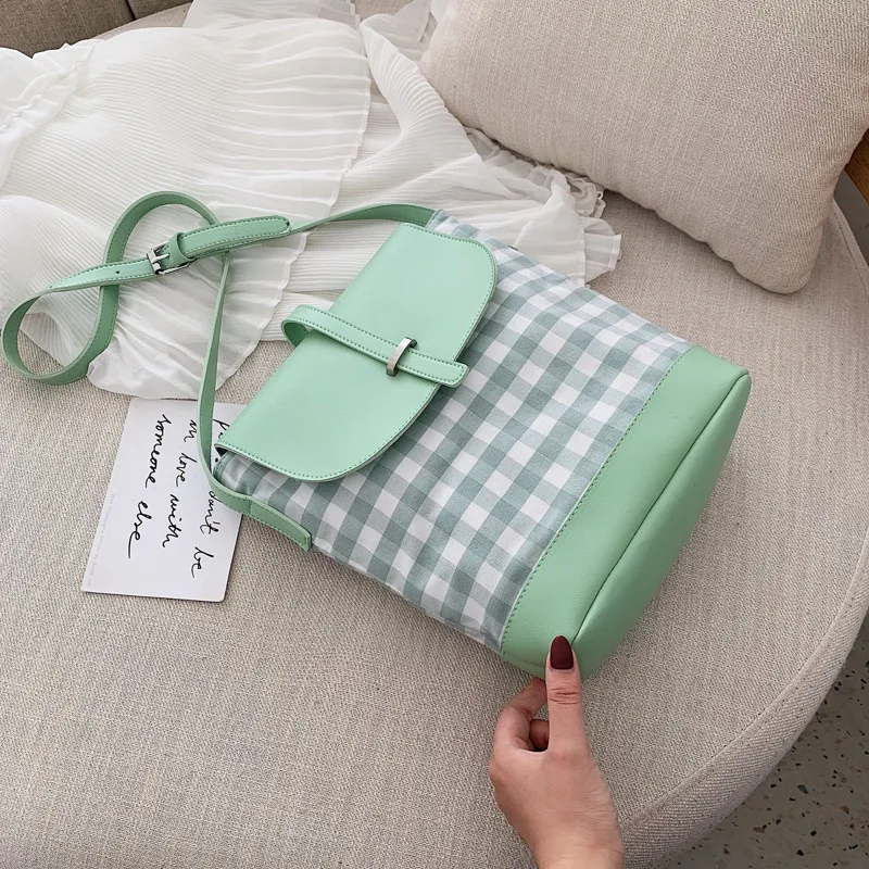 INS сумка-мешок женская сумка стиль Мода корейский стиль универсальный большой объем модная клетчатая Холщовая Сумка через плечо