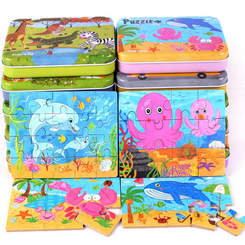 

Children Wooden Toys Gifts Baby Educational Toys 4 In 1 Puzzles 9/12/15/20Pcs Total 4 Puzzles Iron Box Cartoon Animal/ Vehicle