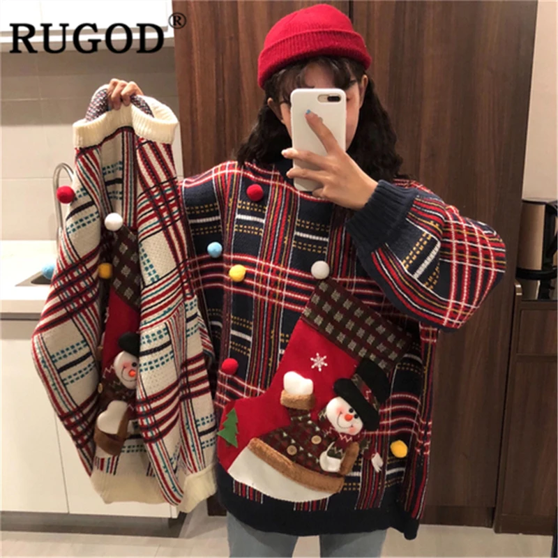 RUGOD Зимний Рождественский свитер, пуловер для женщин с круглым вырезом, помпонами, снеговиком, толстый вязаный теплый модный женский милый топ
