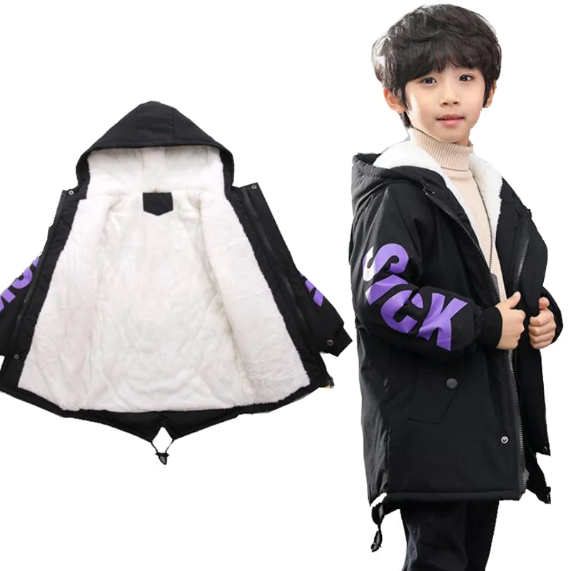 

2019 winter boys jacket hooded cotton thick warm velvet coats children clothing teenagers boys outweater down jacket for boys