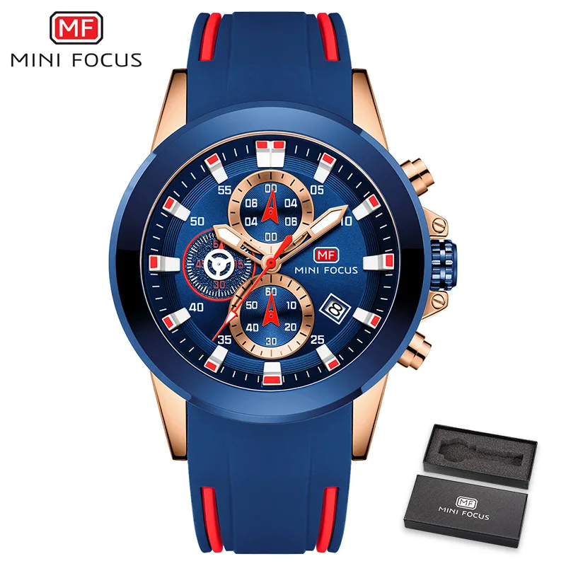 MINIFOCUS модные часы для мужчин водонепроницаемые новые многофункциональные спортивные мужские s часы кварцевые люксовый бренд силиконовый ремешок Relogio Masculino - Цвет: Синий